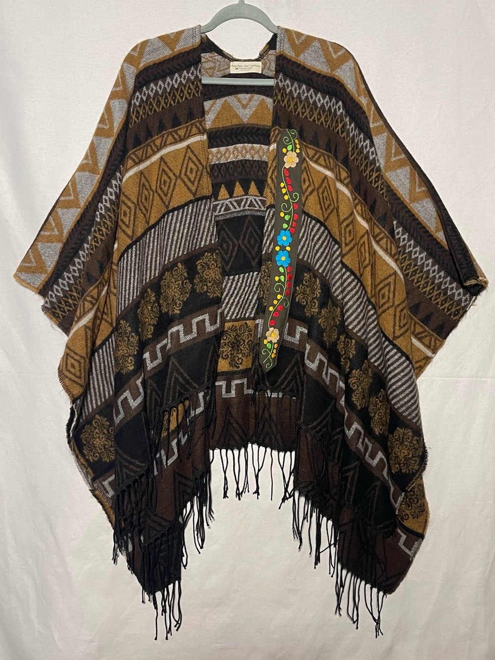 Mountain Girl Clothing OOAK Upcycled Woven Geometric Floral Fringe Poncho OS